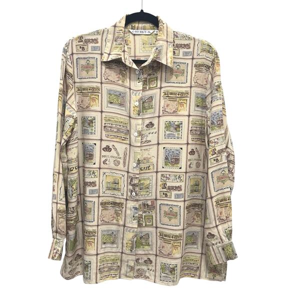 VTG C•NV•RS•T••N French Paris Theme Button Up Blouse Womens 12 Novelty Silk Feel - Picture 1 of 14